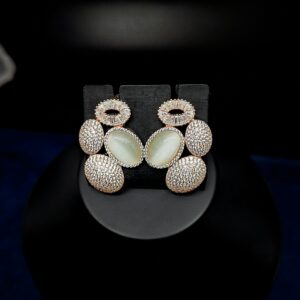 Close-up of exquisite diamond earrings with pearls in a jewelry display.
